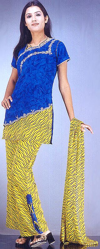 Blue and Yellow Fish Cut Designer Suit