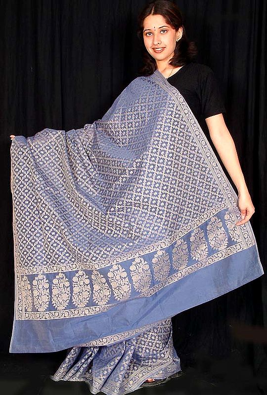 Blue Banarasi Sari with Thread Work