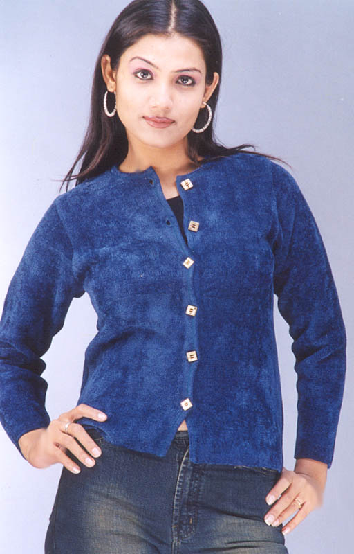 Blue Front-Open Cardigan with Rhomboid Buttons