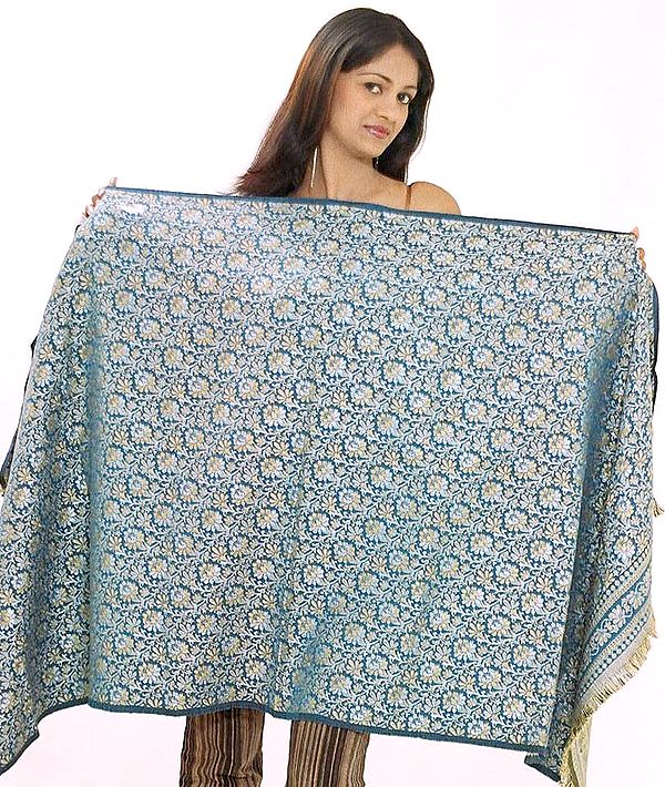 Blue Himroo Shawl with Floral Motifs