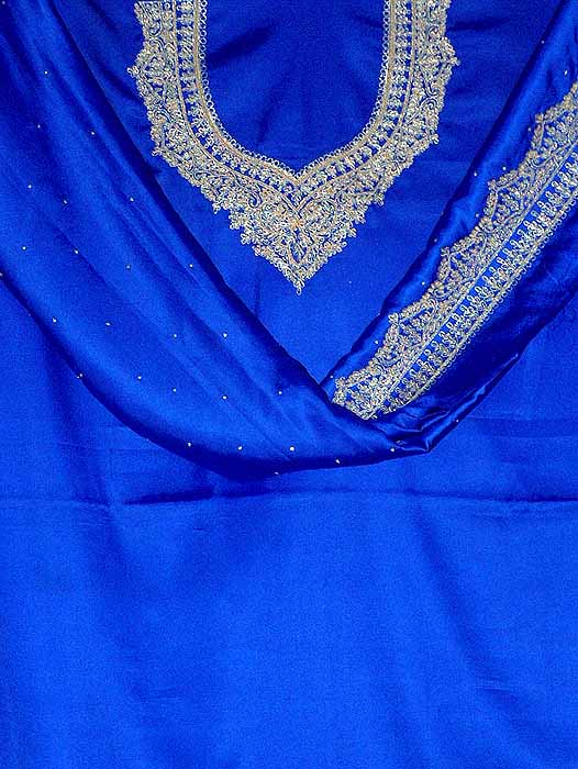 Blue Satin Suit Set With Golden Zardozi Work