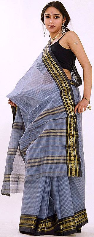 Bluish-Gray Narayanpet Sari with Checks