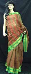 Brown And Green Double Shade Venkatagiri Sari
With Zari Border
