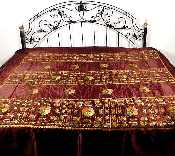 Brown Glazed Cotton Bedspread with Philkari Embroidery
