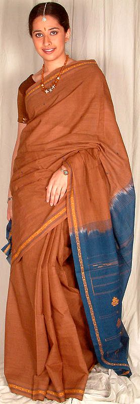 Brown Khadi Sari with Blue Pallau