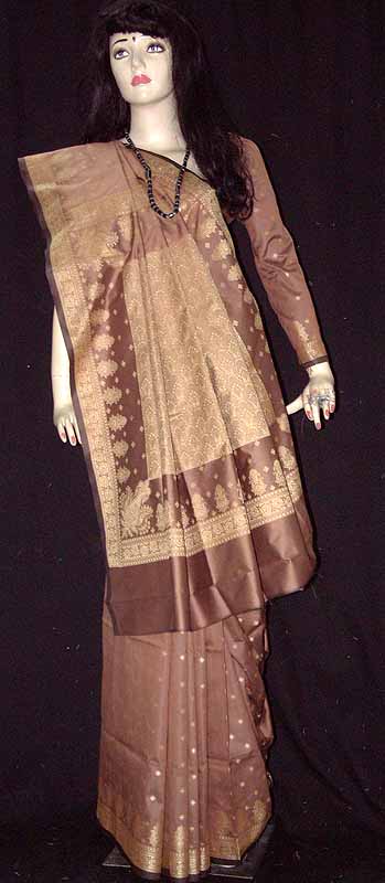 Brown Polyester Woven Sari