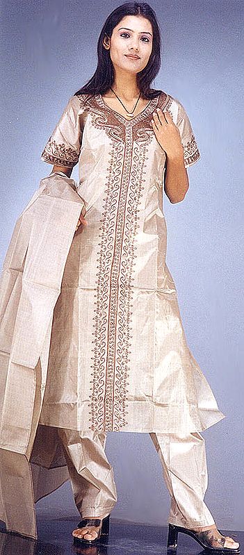 Brown Tussar Silk Suit with Embroidery