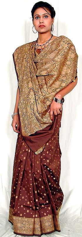Chocolate And Biscuit Colored Polysilk Sari