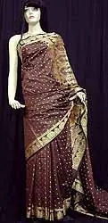 Chocolate Brown Polysilk Sari