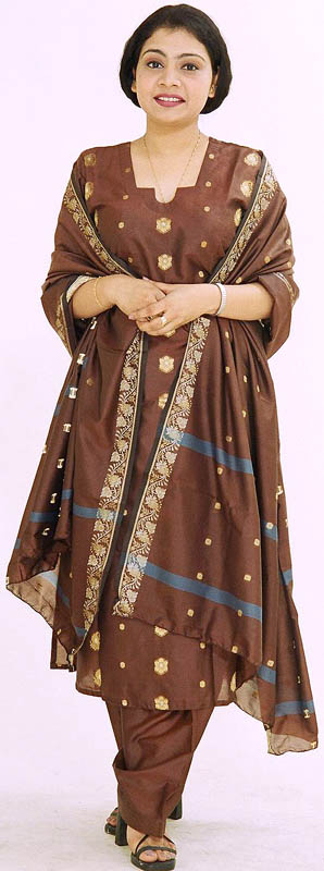 Chocolate-Brown Banarasi Suit with Bootis