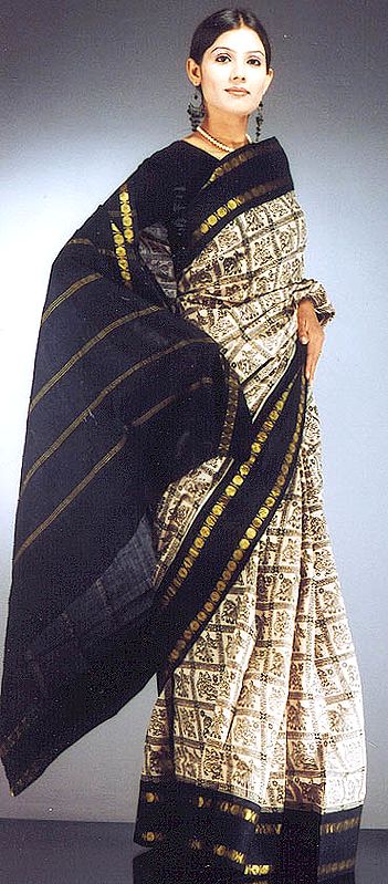 Cotton Sari with Printed Motifs and a Black Border