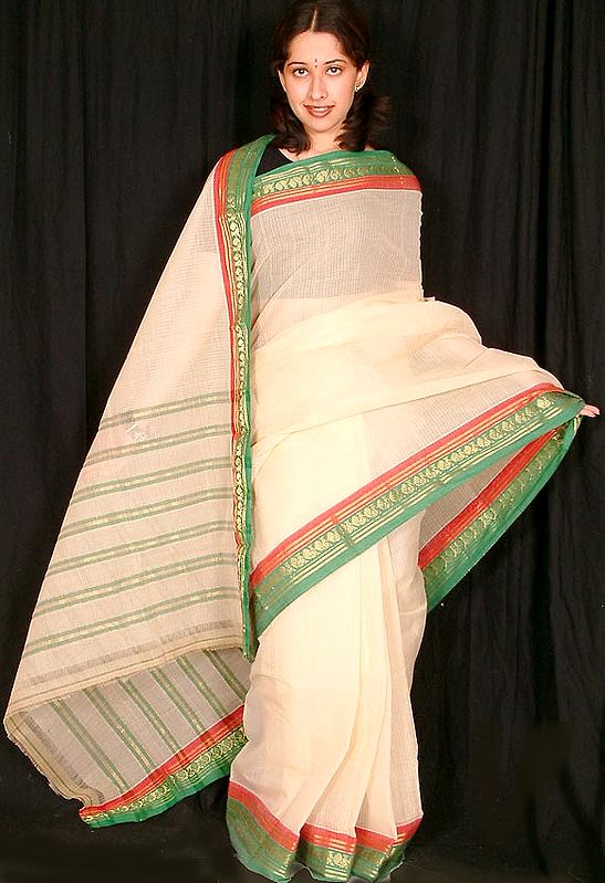 Cream Colored Sari with Contrasting Zari Border
