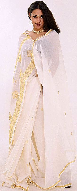 Cream Kerala Cotton Sari with Golden Border