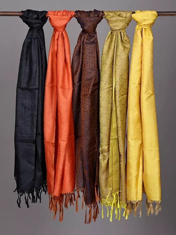 Lot of Five Pure Silk Scarves with Tanchoi Weave