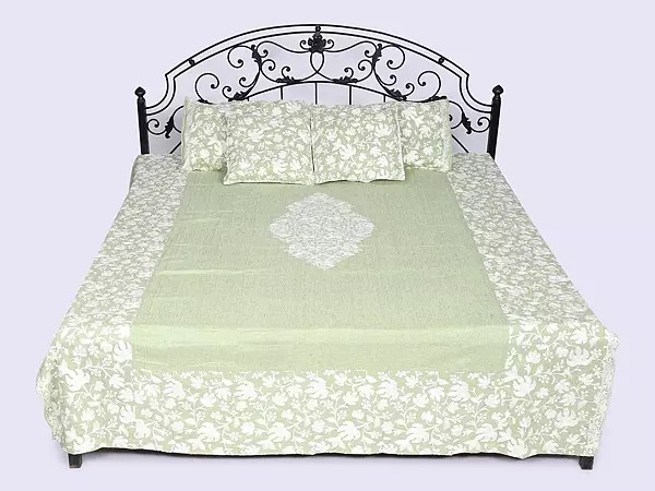 Quiet-Green Five Piece Full XL Size Bedspread with Aari Embroidered Maple Leaves and Pillow Cases-Cushion Covers