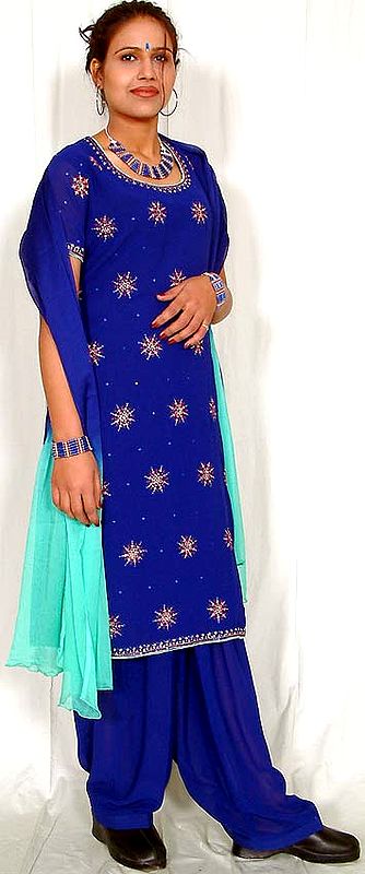 Deep Blue Crepe Suit with Embroidery