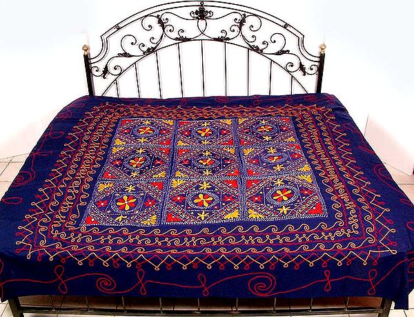 Deep Blue Gujarati Bedspread with Mirror Work and Embroidery