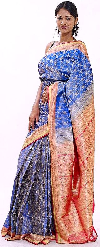 Double-Shaded Blue Banarasi Wedding Sari with Jaali Weave