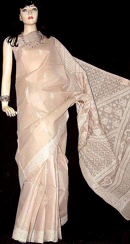 Fawn Color Lucknow Chikan Sari