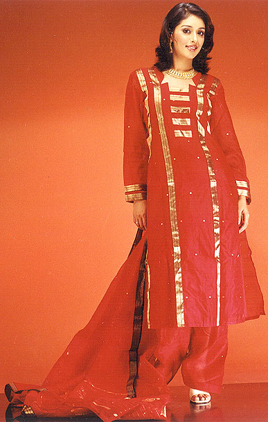Fiery Red Cotton Suit with Golden Bootis