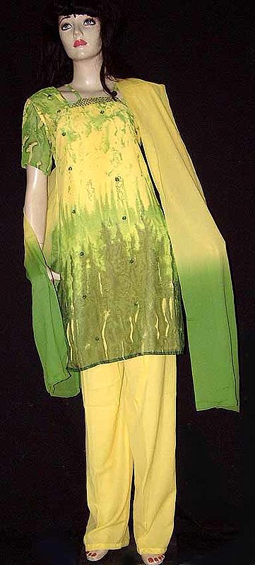Fluorescent Yellow And Green Printed Salwar Kameez