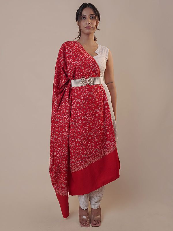 Pashmina True-Red Shawl Floral Jaal Kalamkari Embroidery