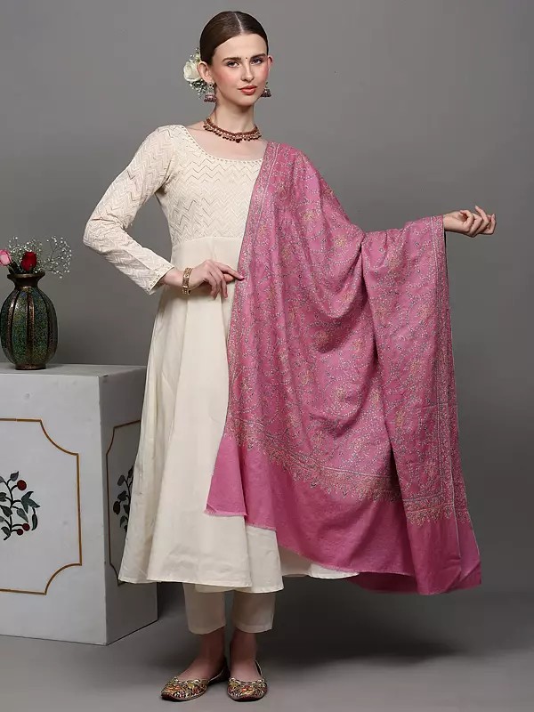 Mauve-Pink Pure Pashmina Shawl with Sozni Hand Embroidered Foliage Vines