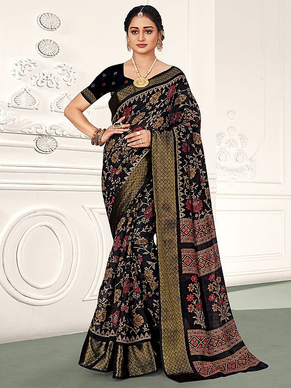 Cotton Saree with Blouse and Floral Vine Pattern Print