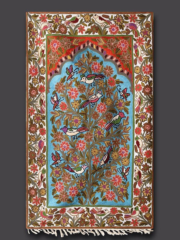 Kashmiri Tree of Life Chainstitch with Temple and Multiple Birds Multicolored Motifs with Aari Embroidery Rug