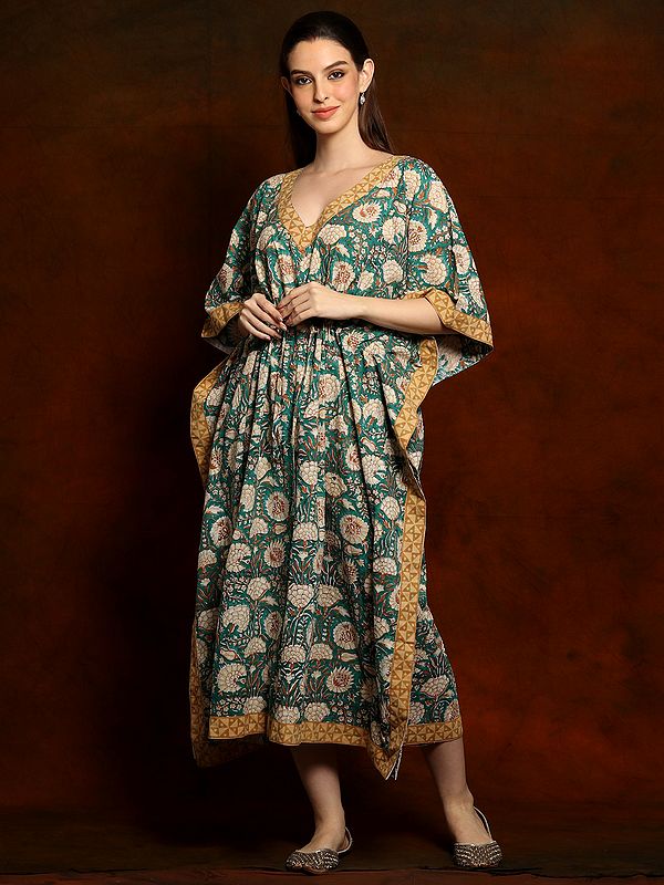 Sea Green Printed Cotton Long Kaftan with Beige V-neck