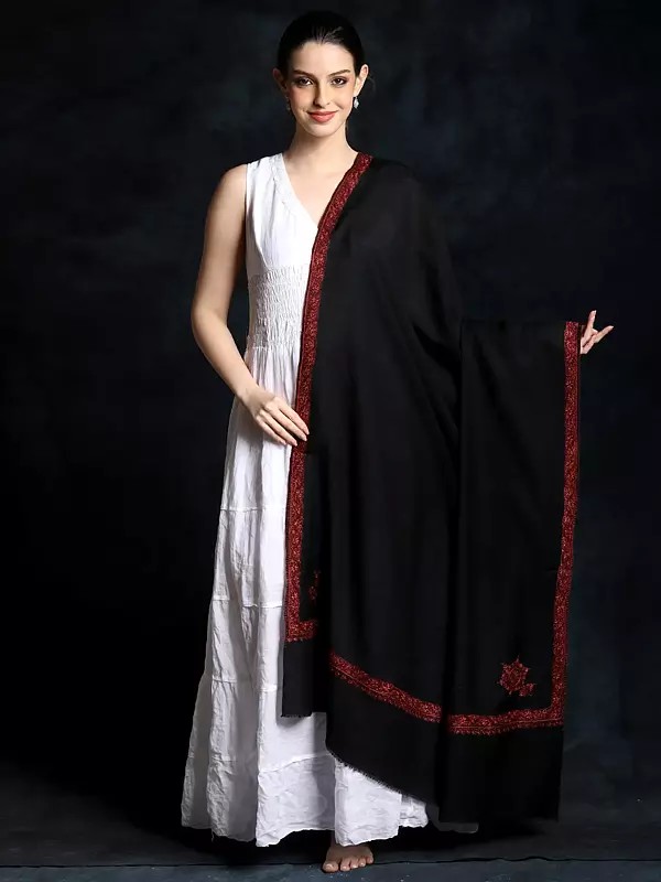 Wool Shawl with Floral Vine Sozni Embroidered Border
