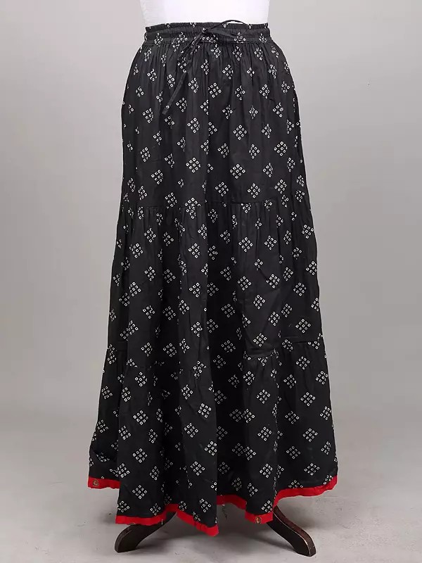 Pirate-Black Elastic Long Skirt with Bandhani Print