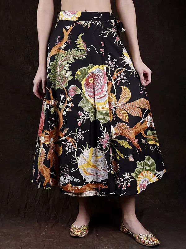 Pirate-Black Wrap Around Long Skirt with Printed Foliage