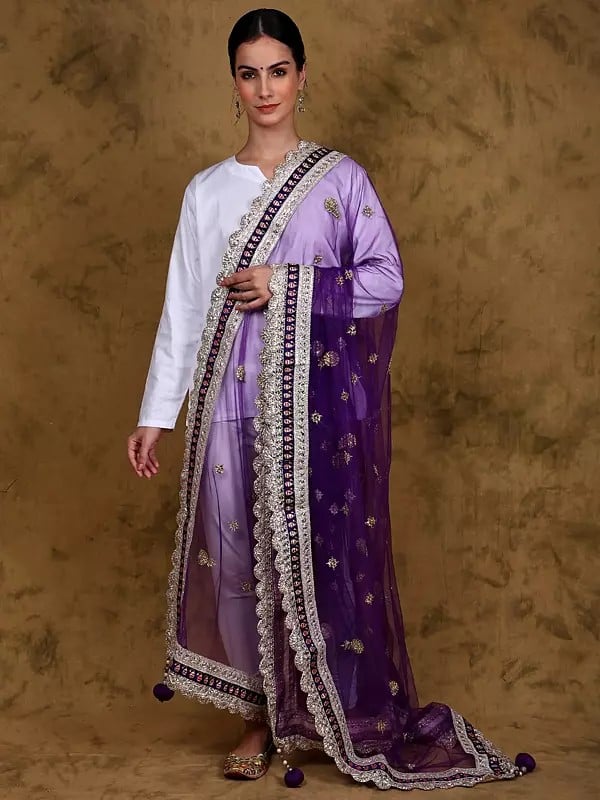 Tillandsia-Purple Zardozi-Bead Embroidered Net Dupatta with Scalloped Gota Patti Lace Border and Latkan