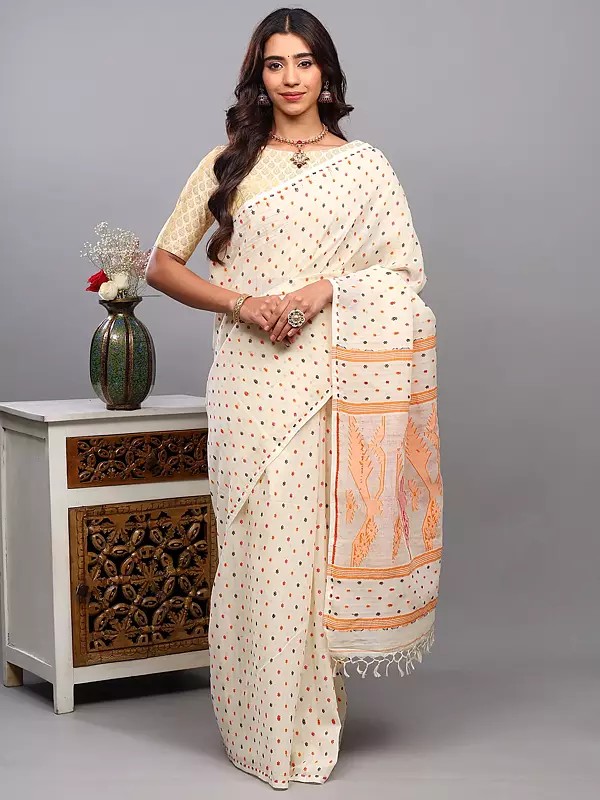 Pure Cotton Jamdani Handloom Saree with All-Over Woven Bootis from Bengal