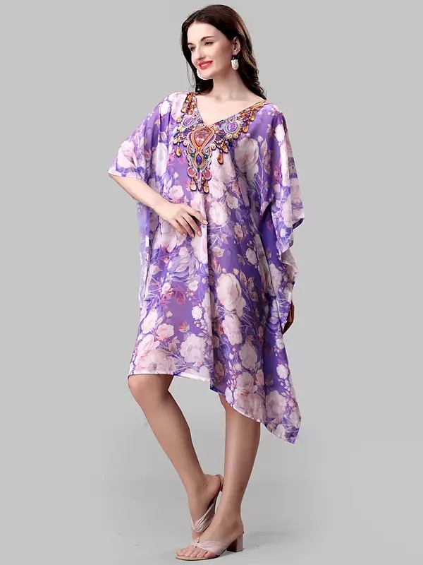 Dahlia-Purple Georgette Short Kaftan with Floral Print