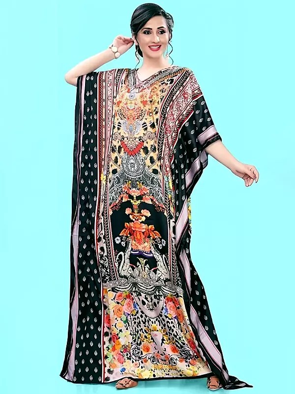 Trekking-Green Floral Printed Satin Long Kaftan with Stone work
