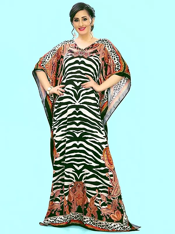 Green and Cream Printed Zebra Pattern Long Kaftan with Stone work on Neck