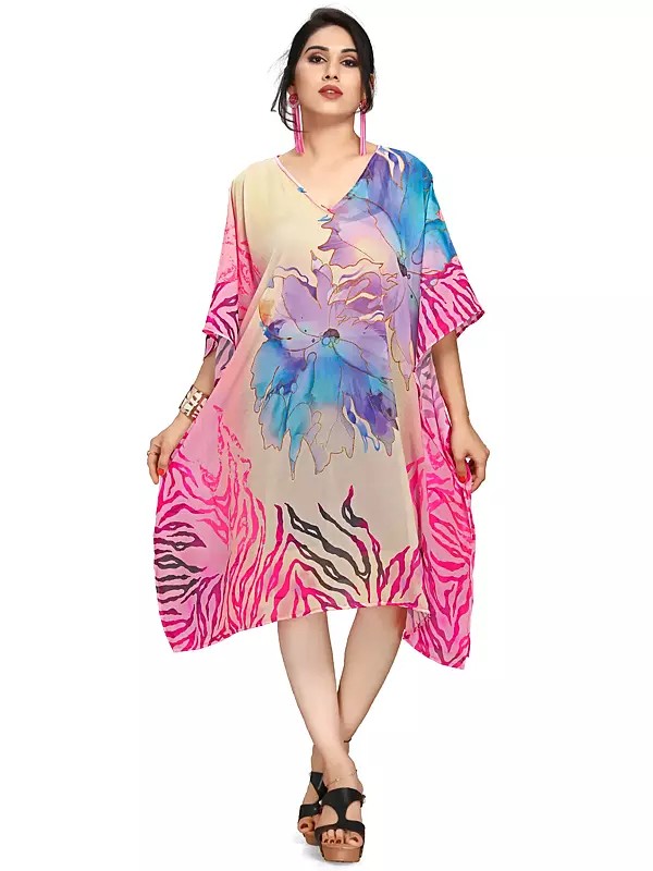 Cream-Tan Georgette Short Kaftan with Floral Print