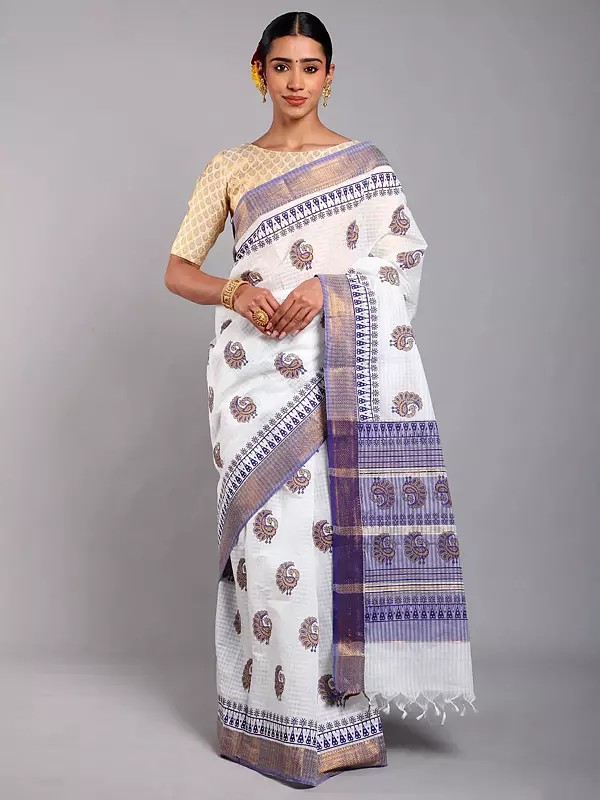 Star-White Peacock Printed Cotton Saree from Telangana with Check Weave and Zari Border