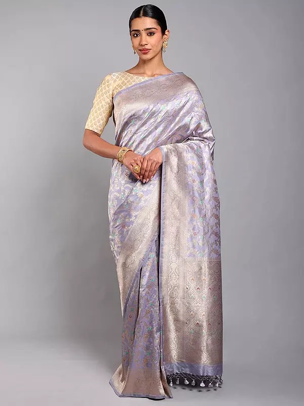 Icelandic-Blue Brocaded Meenakari Pure Silk Banarasi Saree with Zari Woven Floral Jaal