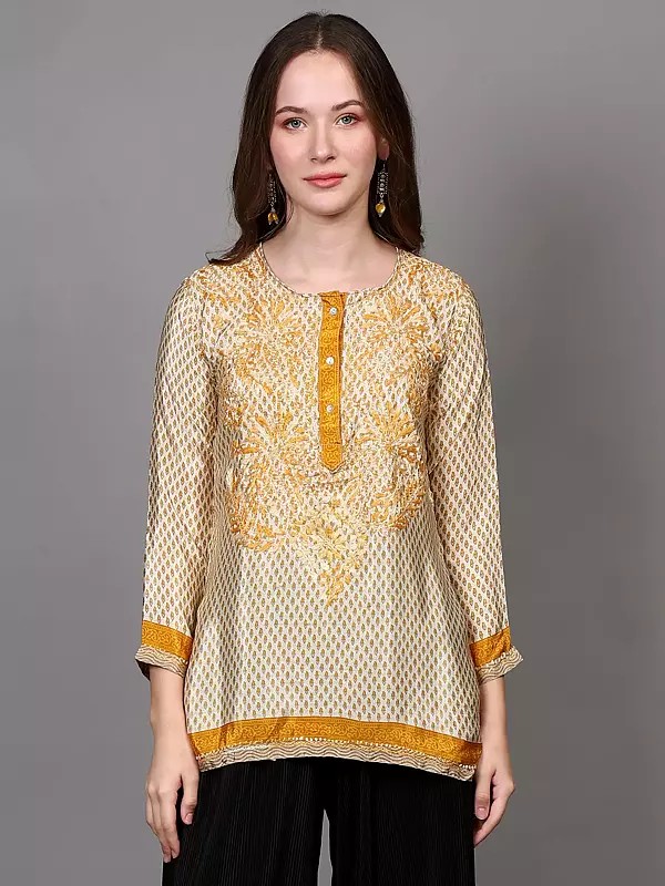 Embroidered Crepe Short Kurti with Printed Bootis