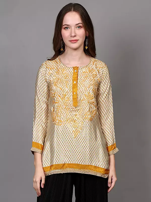 Embroidered Crepe Short Kurti with Printed Bootis