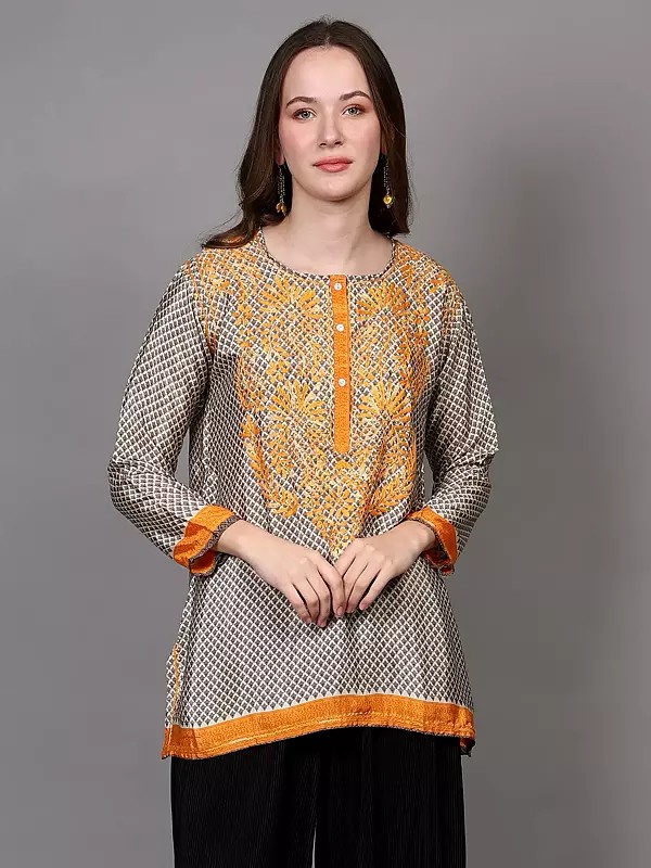 Embroidered Crepe Short Kurti with Printed Bootis