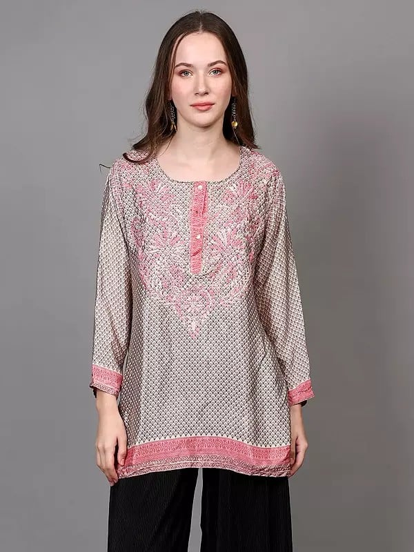 Embroidered Crepe Short Kurti with Printed Bootis