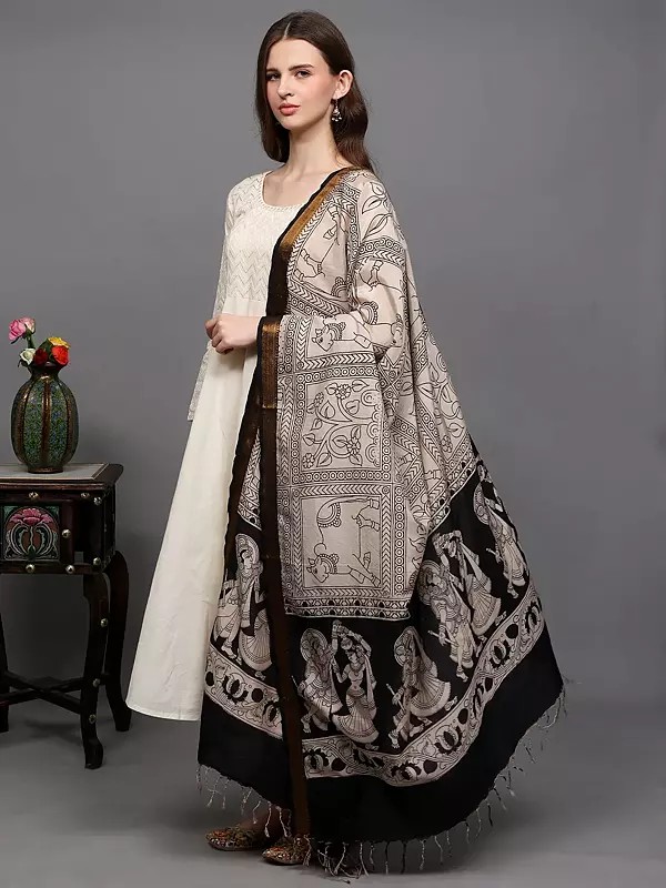 Summer-Sand Kalamkari Dupatta from Telangana with Krishna Leela of Breaking the Gopis Pot and Nandi