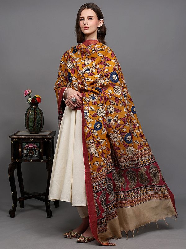 Golden-Glow Floral Printed Kalamkari Dupatta with Paisleys Motifs and Woven Golden Border from Telangana