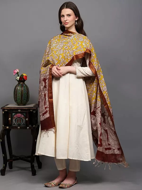 Lemon-Yellow Sita-Ram Swayamvar Print Kalamkari Dupatta with All-Over Floral Pattern and Zari Border from Telangana
