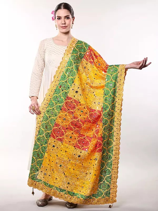 Vibrant Phulkari Dupatta with Bead-Mirror Embellishments and Scalloped Edge