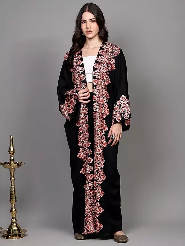 Jet-Black Wool Long Shrug with Aari Embroidered Floral Border